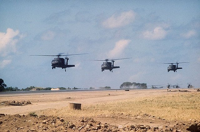 US helicopters over Port Salinas airport Grenada 1983