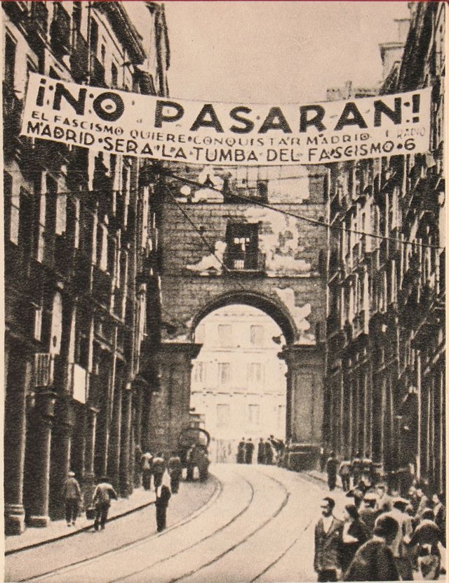 1936-39: A Republican anti-fascist banner in Madrid which reads, 'Madrid shall be fascism's grave'.